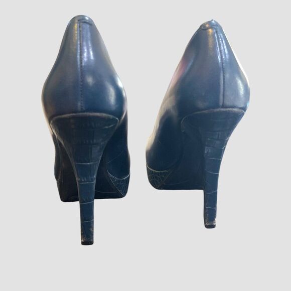 Nine West Heleneo Women's Navy Leather Pump Croc Embossed Platform Heels 6M - Picture 3 of 8